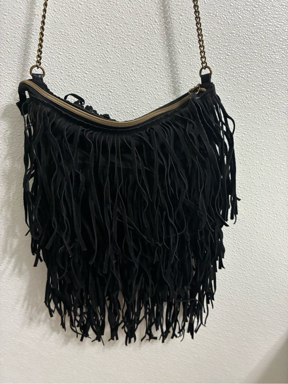 Suede Fringe Crossbody Bag in Black with Gold Chain